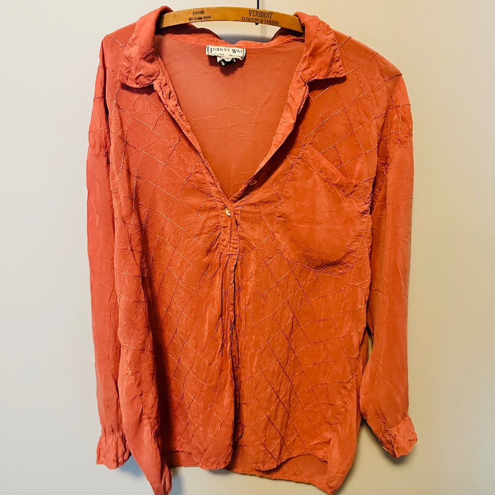Vtg Johnny Was - Silky Dusty Rose Button Down - Sz L